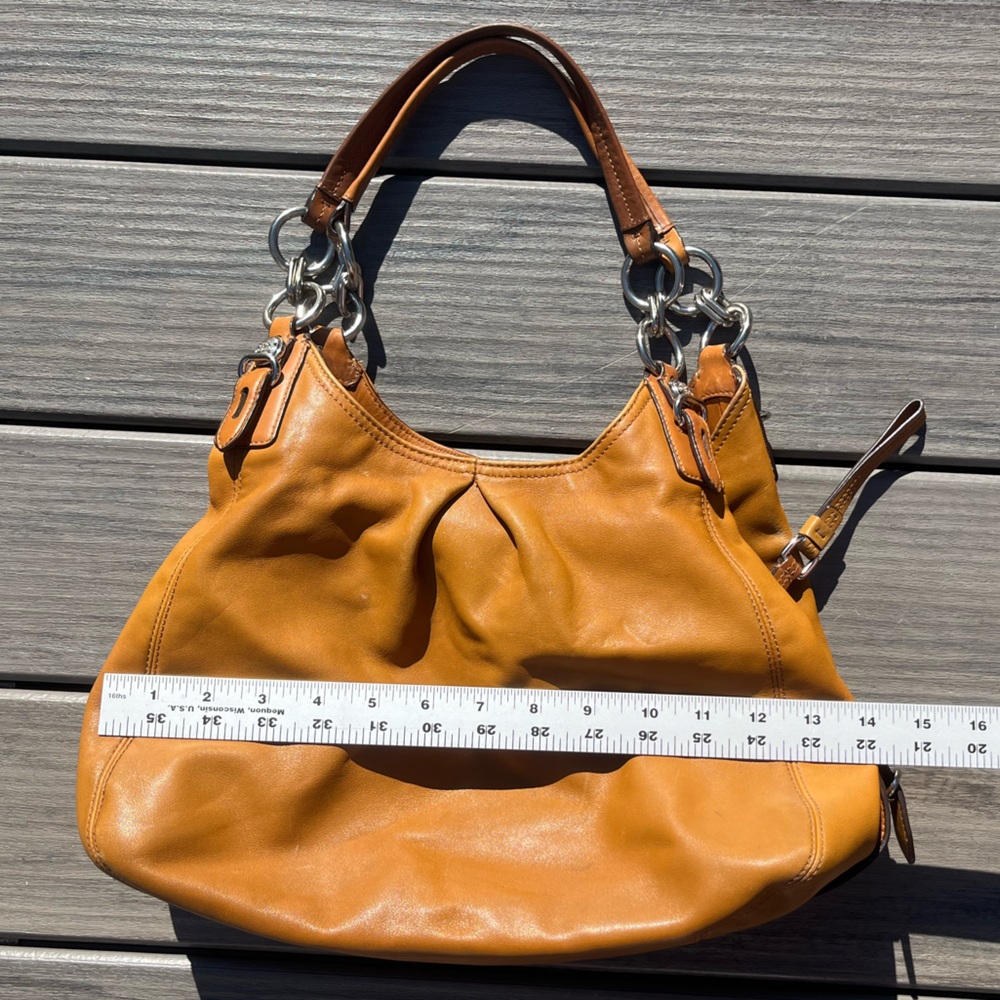 Coach; Golden Brown Leather Hobo Bag; 3 Section; Burgundy Interior; Duel Handles - Picture 4 of 16